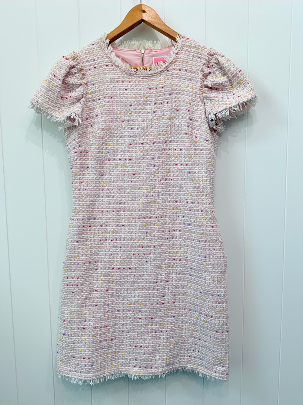 Kate Spade Pink Flutter Sleeve Tweed Mini Dress Frayed Hem Size 8 Medium Pockets